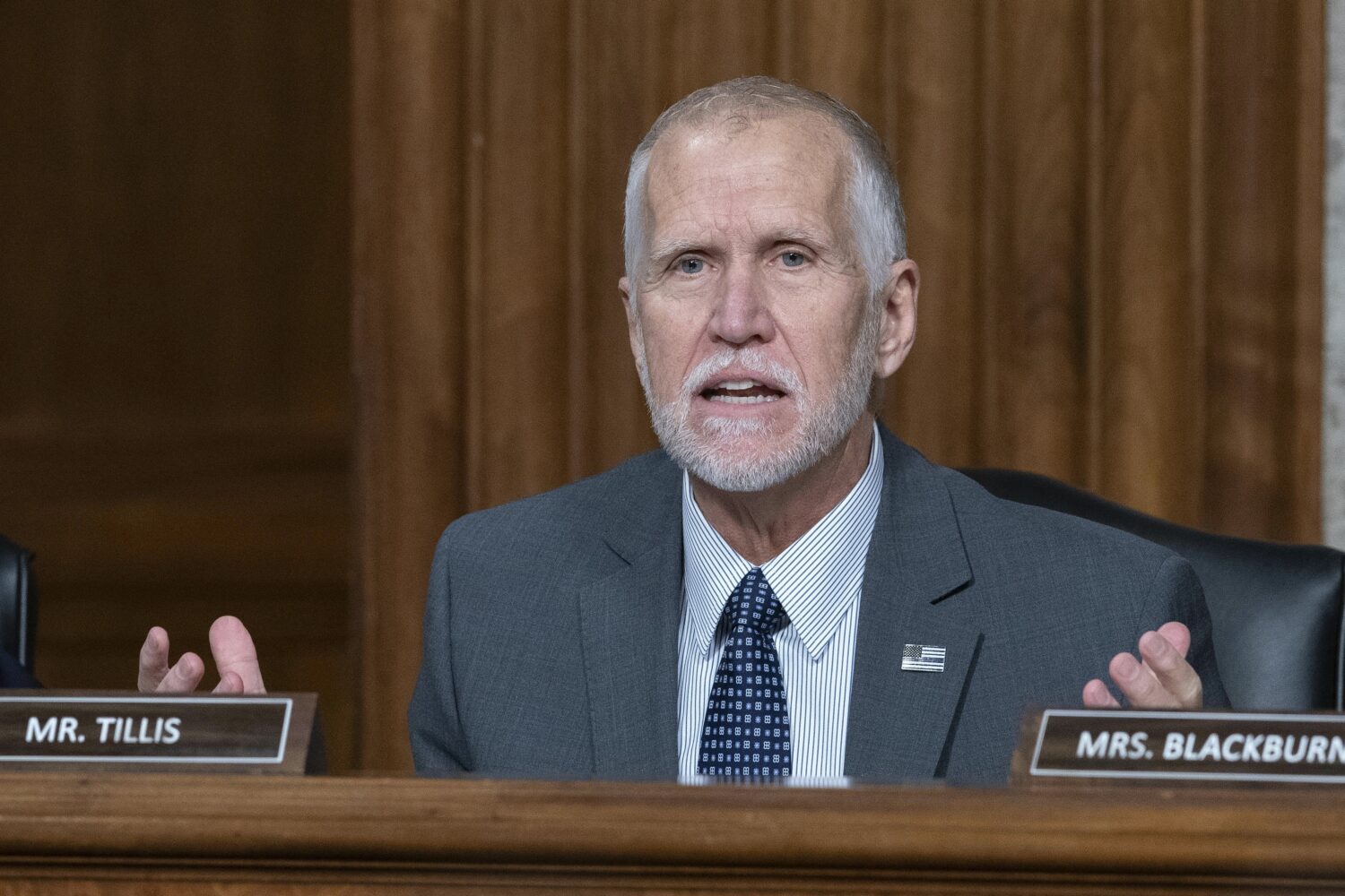 FILE - Sen. Thom Tillis, R-N.C., speaks during a confirmation hearing at the Capitol in Washington,...