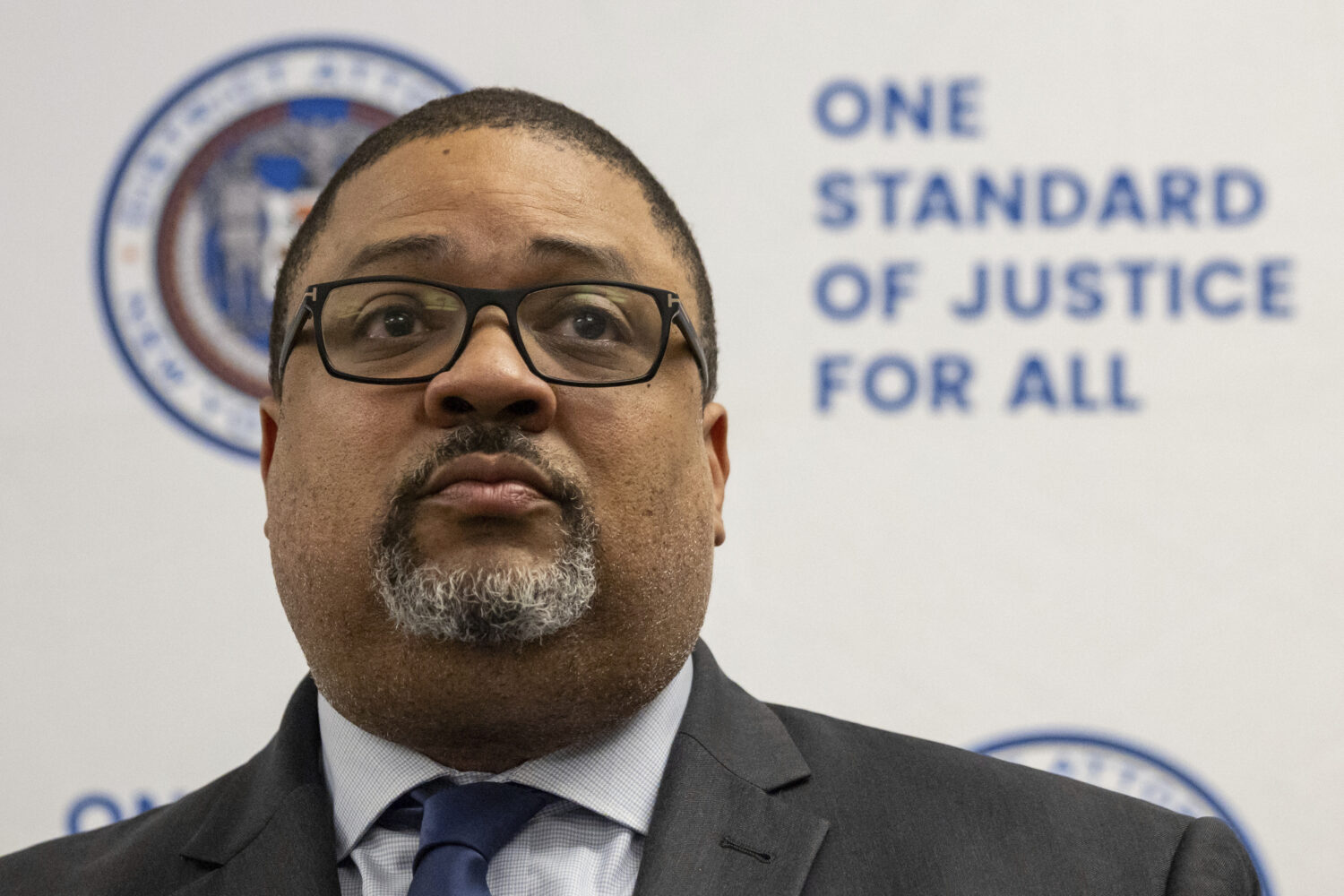 Manhattan District Attorney Alvin Bragg speaks during a news conference, Thursday, June 12, 2025 in...