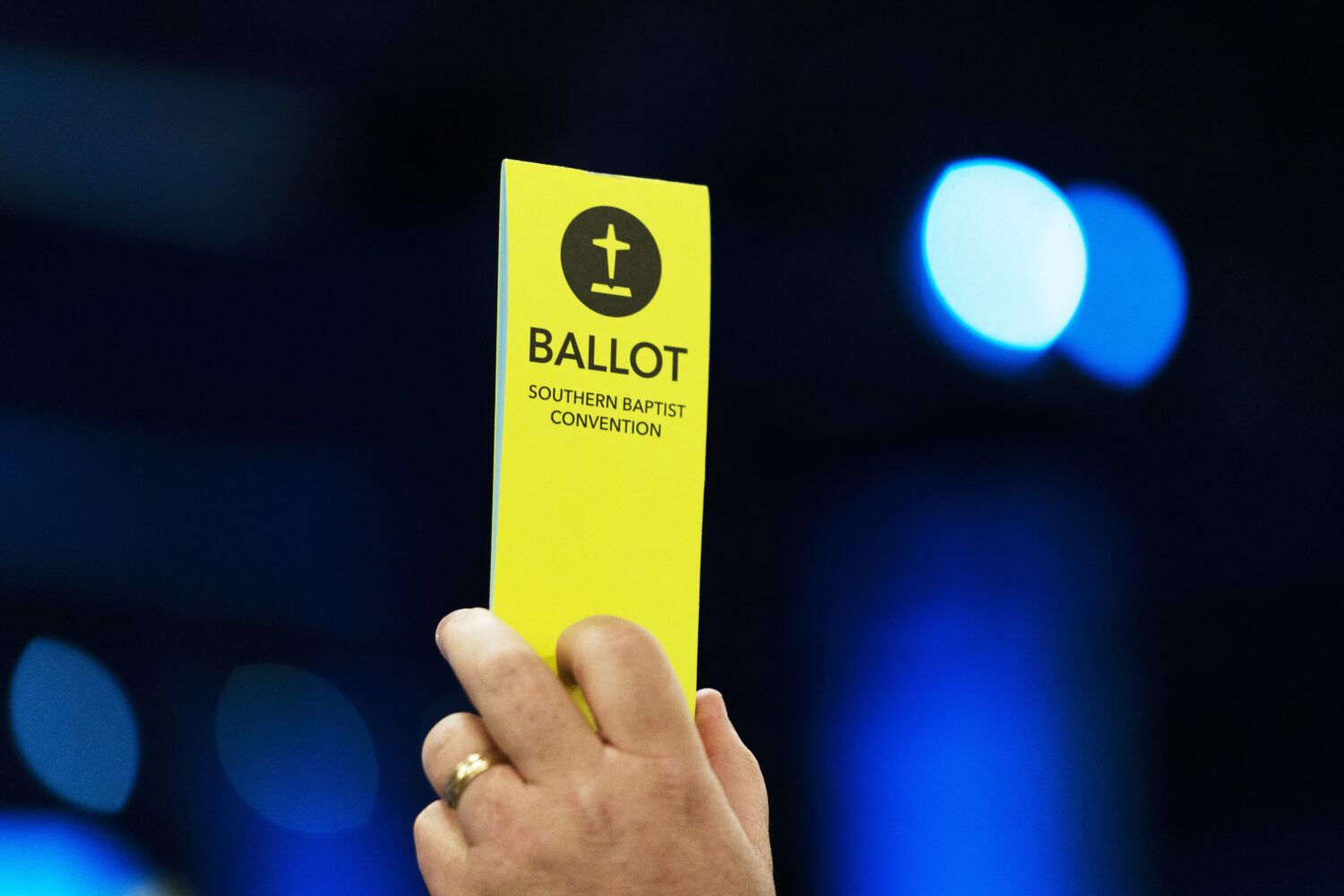 FILE - An attendee holds up a ballot during the Southern Baptist Convention's annual meeting in Ana...