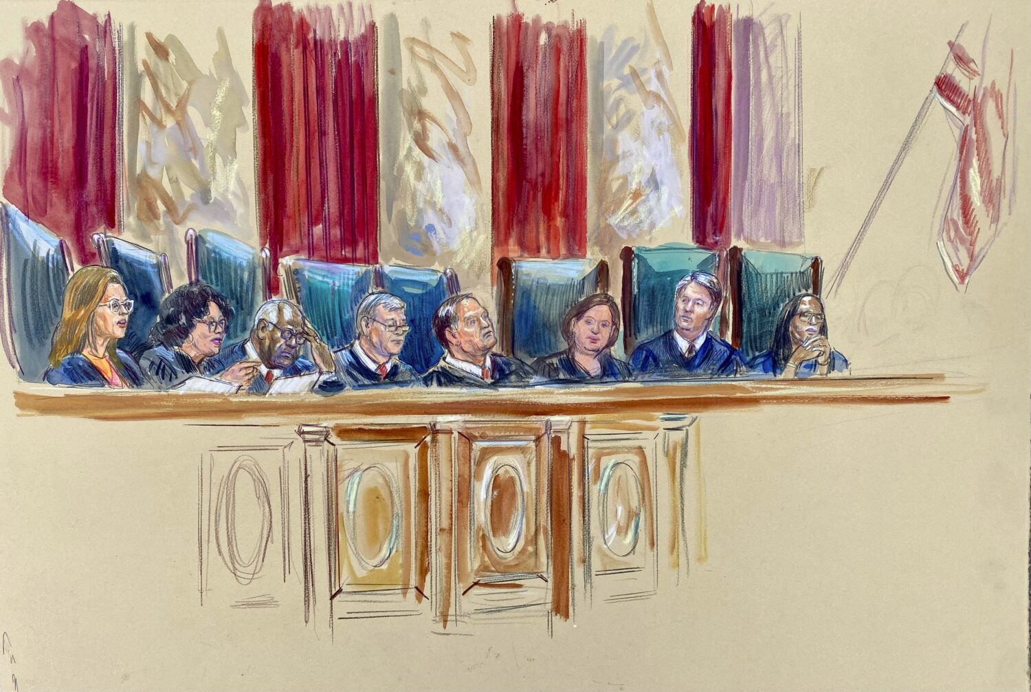 This artist sketch depicts Justice Amy Coney Barrett, from left, Justice Sonia Sotomayor, Justice C...