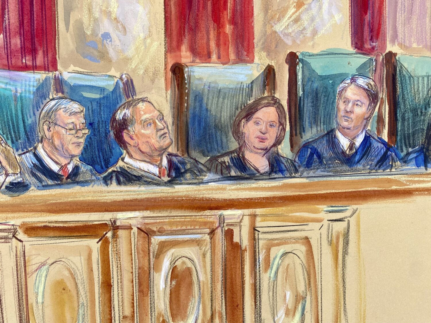 This artist sketch depicts Justice Chief Justice John Roberts, from left, Justice Samuel Alito, Jus...