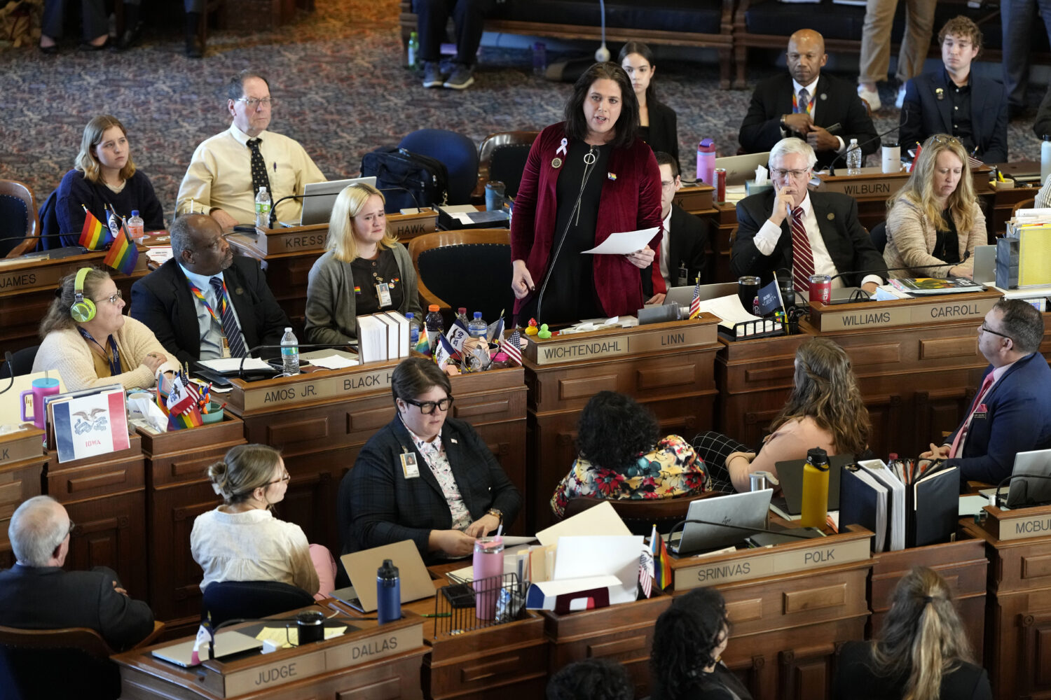 FILE - Rep. Aime Wichtendahl, D-Hiawatha, speaks during debate on the gender identity bill, Feb. 27...