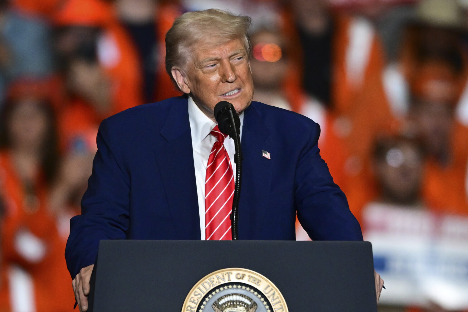 President Donald Trump speaks at the U.S. Steel Mon Valley Works-Irvin Plant, Friday, May 30, 2025,...