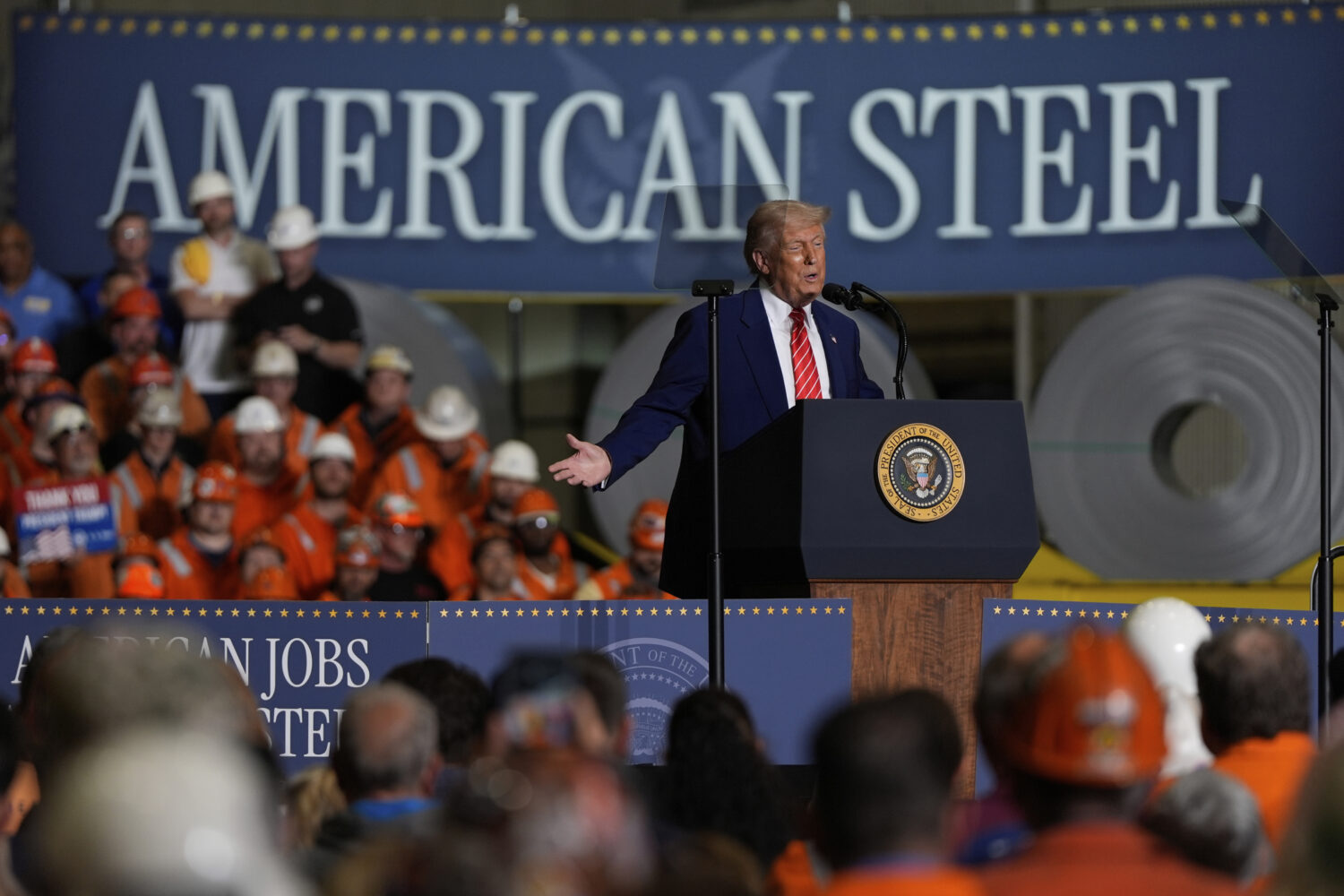 President Donald Trump speaks at U.S. Steel Corporation's Mon Valley Works-Irvin plant, Friday, May...