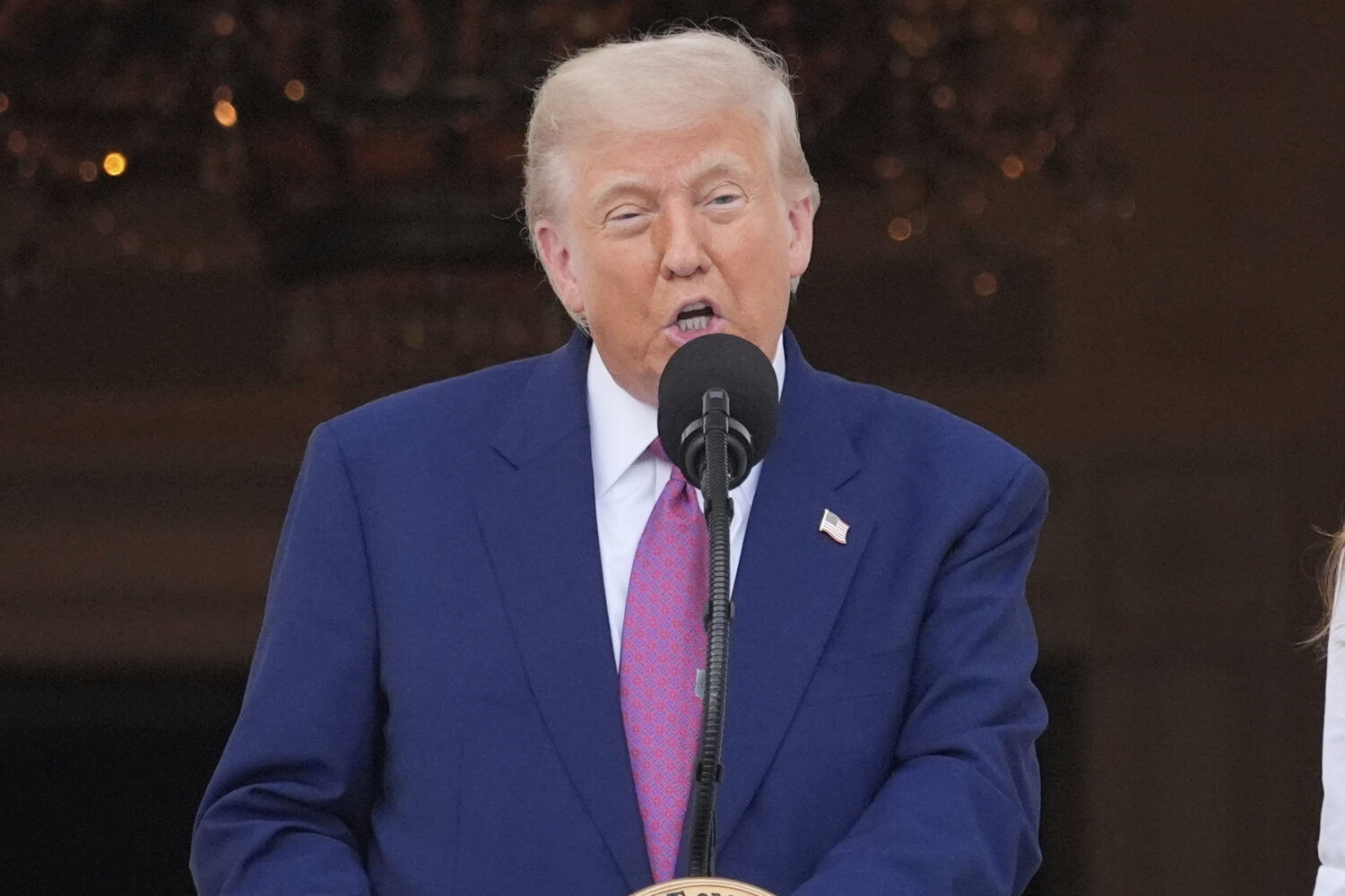 President Donald Trump speaks during the congressional picnic on the South Lawn of the White House,...