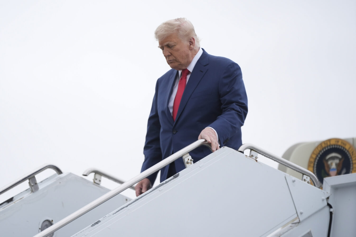 President Donald Trump arrives on Air Force One at Hagerstown Regional Airport, in Hagerstown, Md.,...
