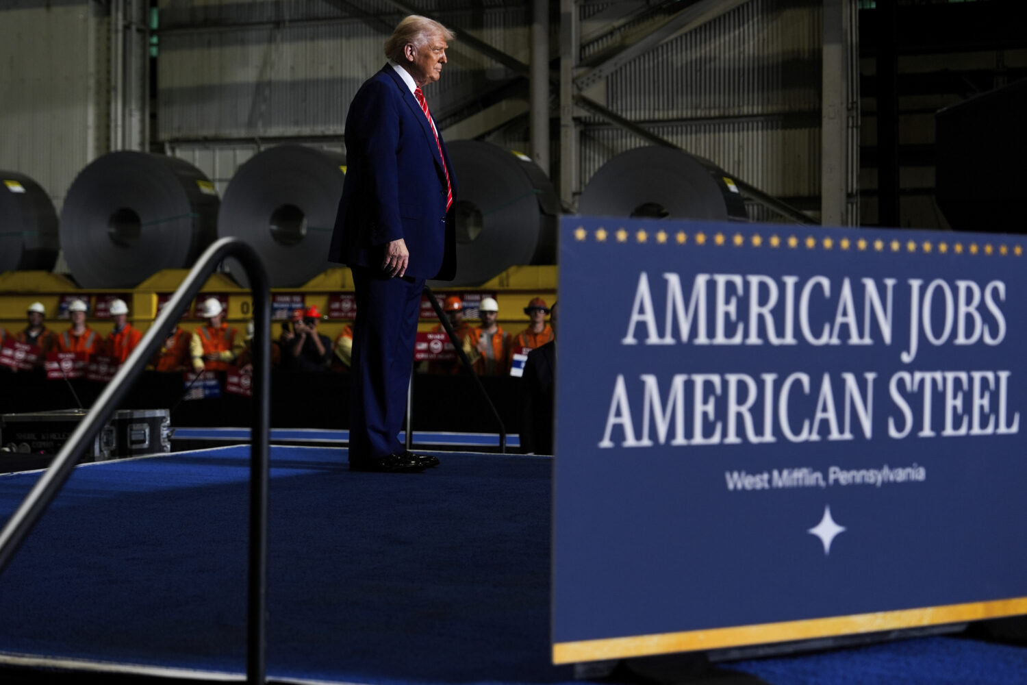 President Donald Trump arrives to speak at U.S. Steel Corporation's Mon Valley Works-Irvin plant, F...