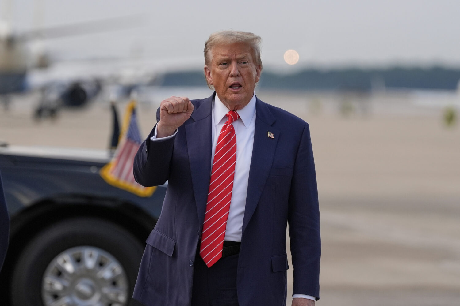 President Donald Trump gestures after arriving on Air Force One, Wednesday, June 25, 2025, at Joint...