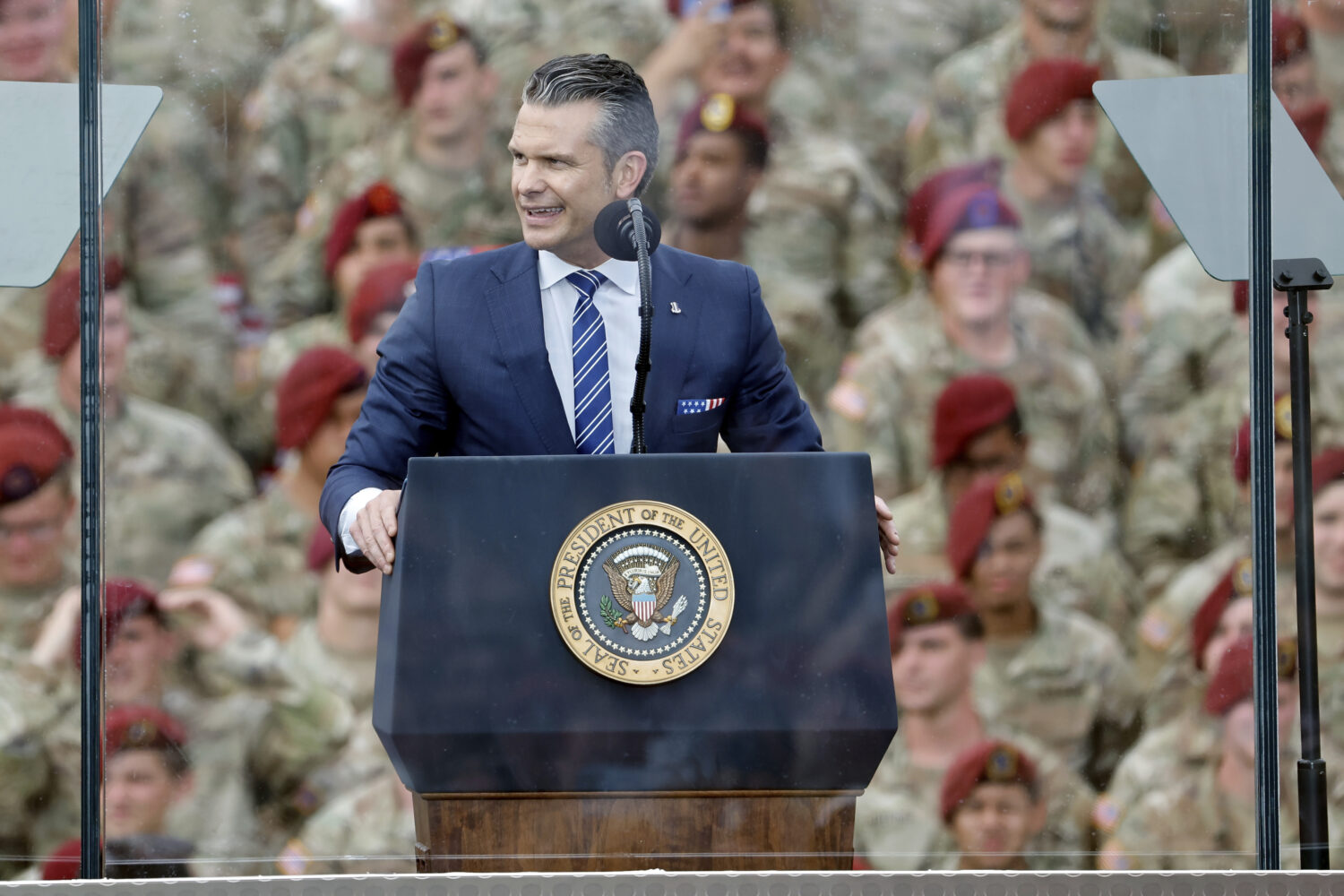 U.S Secretary of Defense Pete Hegseth speaks at Fort Bragg, N.C., Tuesday, June 10, 2025. (AP Photo...