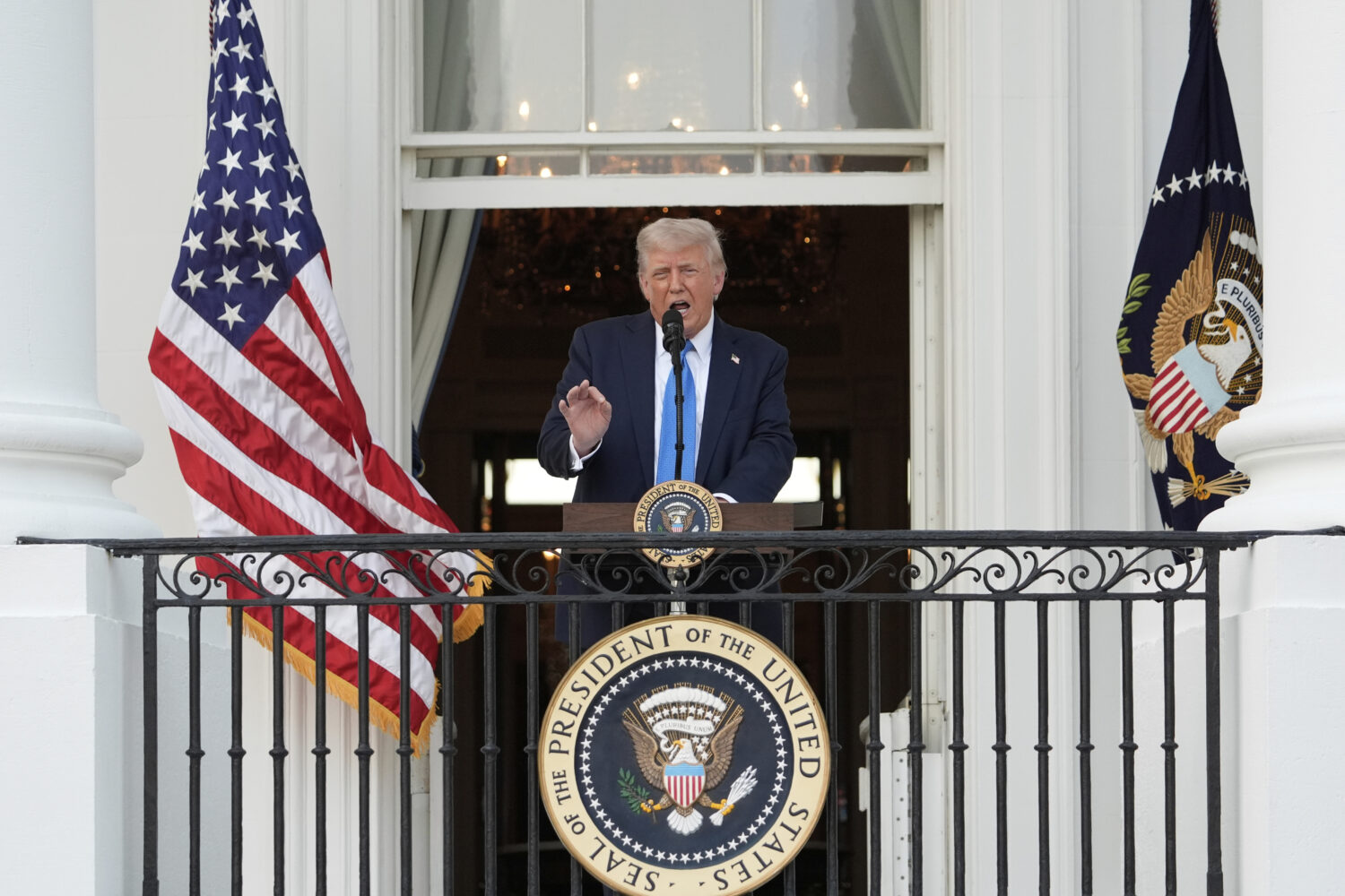 President Donald Trump speaks during a summer soiree on the South Lawn of the White House, Wednesda...