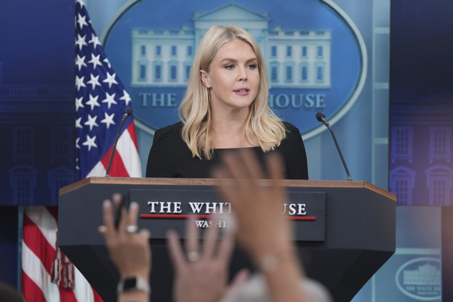 White House press secretary Karoline Leavitt speaks during a press briefing at the White House, Thu...