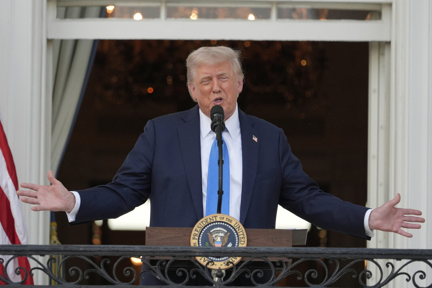 President Donald Trump speaks during a summer soiree on the South Lawn of the White House, Wednesda...