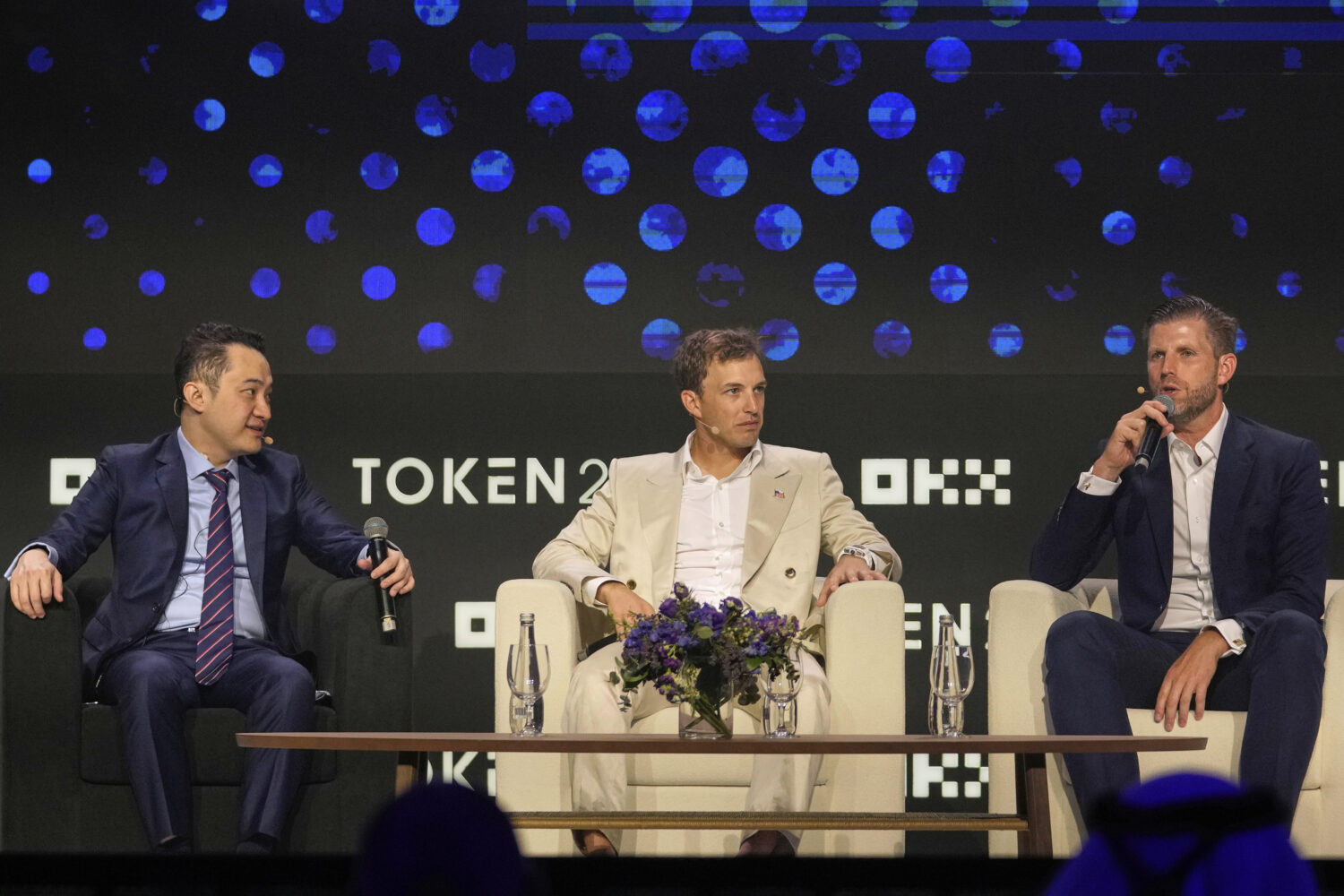 FILE - Eric Trump, Executive VP of The Trump Organization, from right, speaks as Co-founder of Worl...
