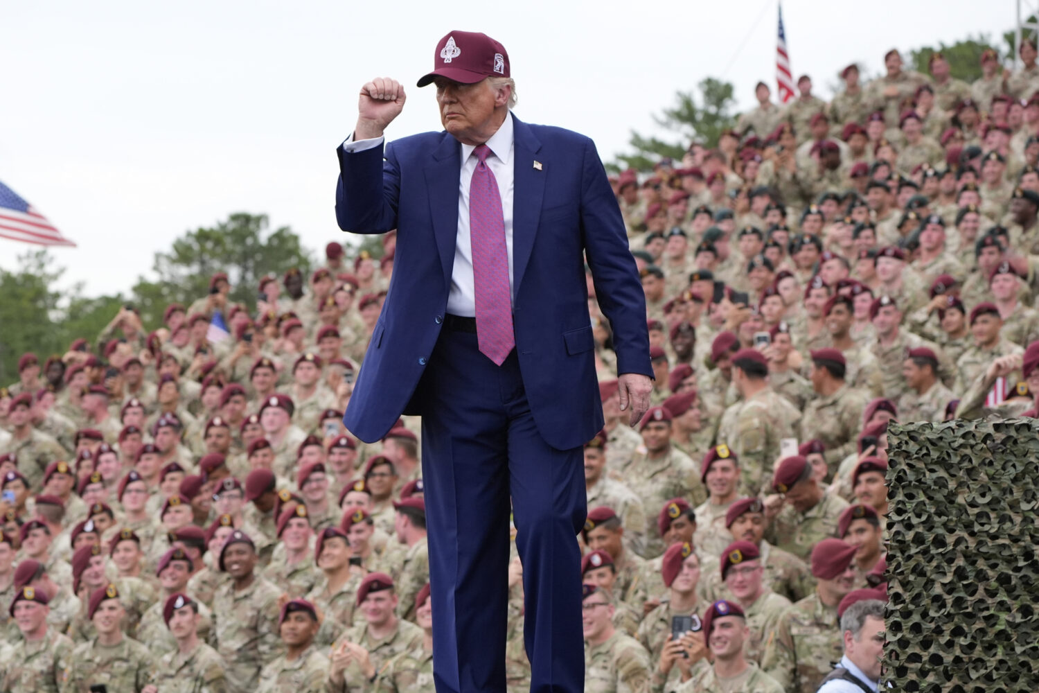President Donald Trump gestures after speaking at Fort Bragg, Tuesday, June 10, 2025, in Fort Bragg...