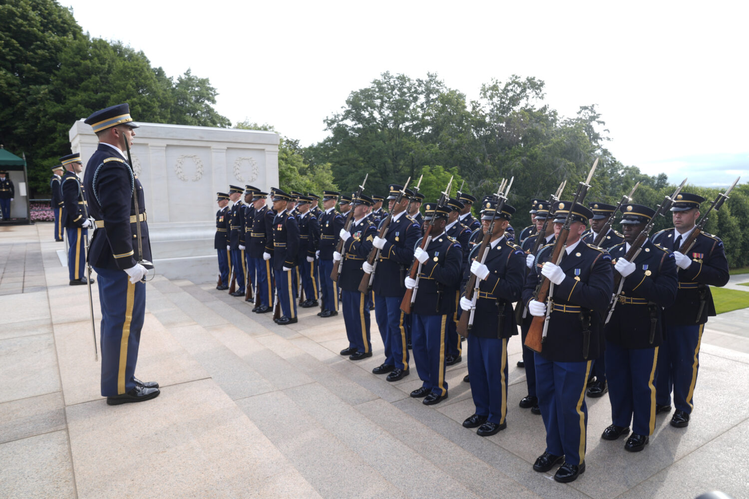 Soldiers prepare ahead of wreath laying ceremony at the Tomb of the Unknown Soldier at Arlington Na...