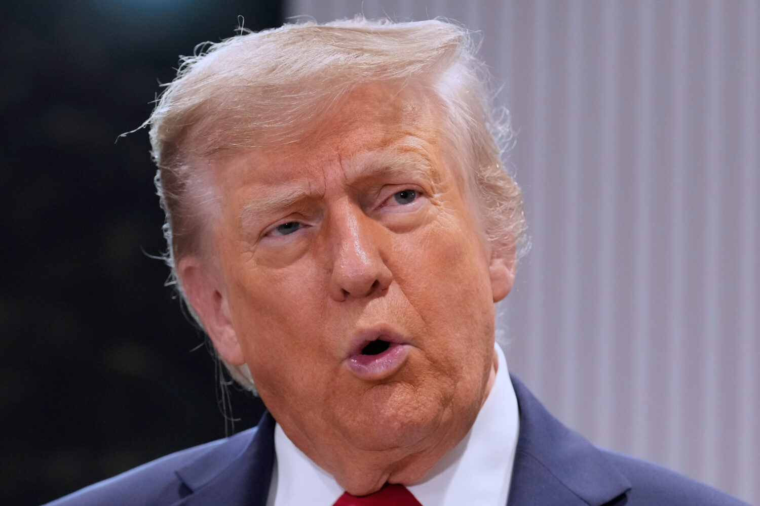 FILE - President Donald Trump speaks during a meeting with Canada's Prime Minister Mark Carney on t...
