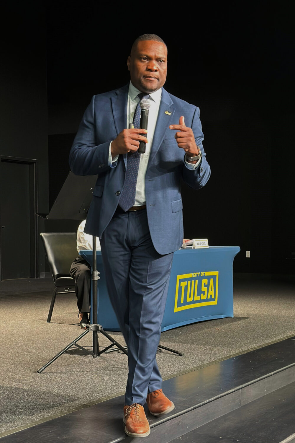 Tulsa Mayor Monroe Nichols speaks to residents of the city's north side on Thursday, May 22, 2025, ...