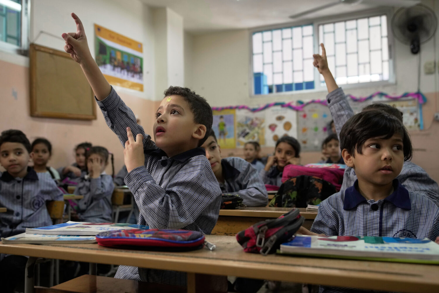Students in an English class at a primary school run by UNRWA for Palestinian refugees at the Mar E...