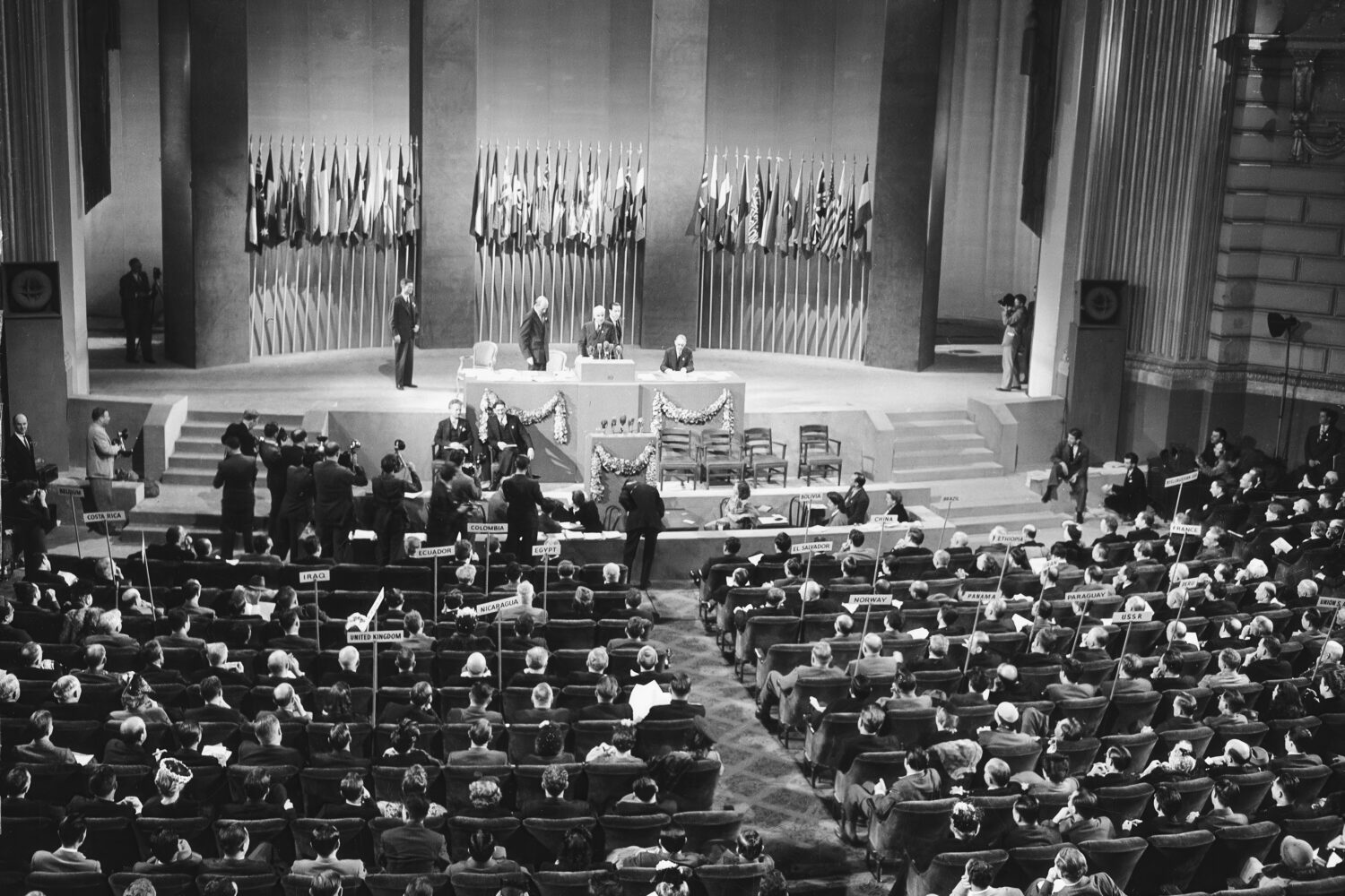 FILE - United Nations Conference delegates unanimously adopt the United Nations Charter in San Fran...
