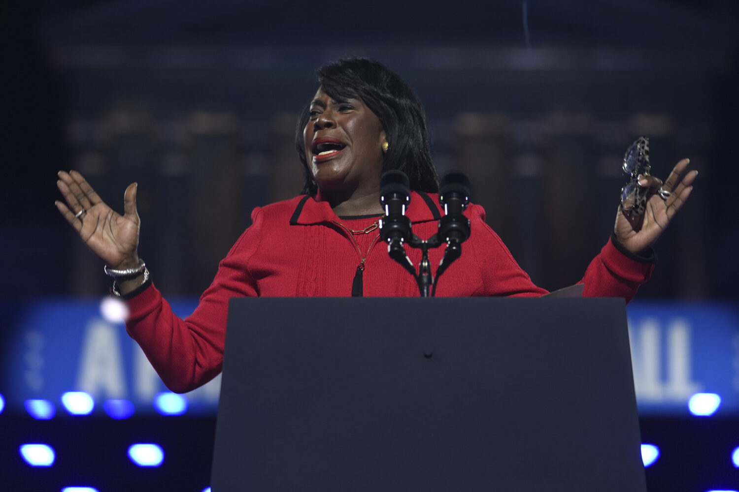 FILE- Philadelphia Mayor Cherelle Parker speaks during a campaign rally for Democratic presidential...