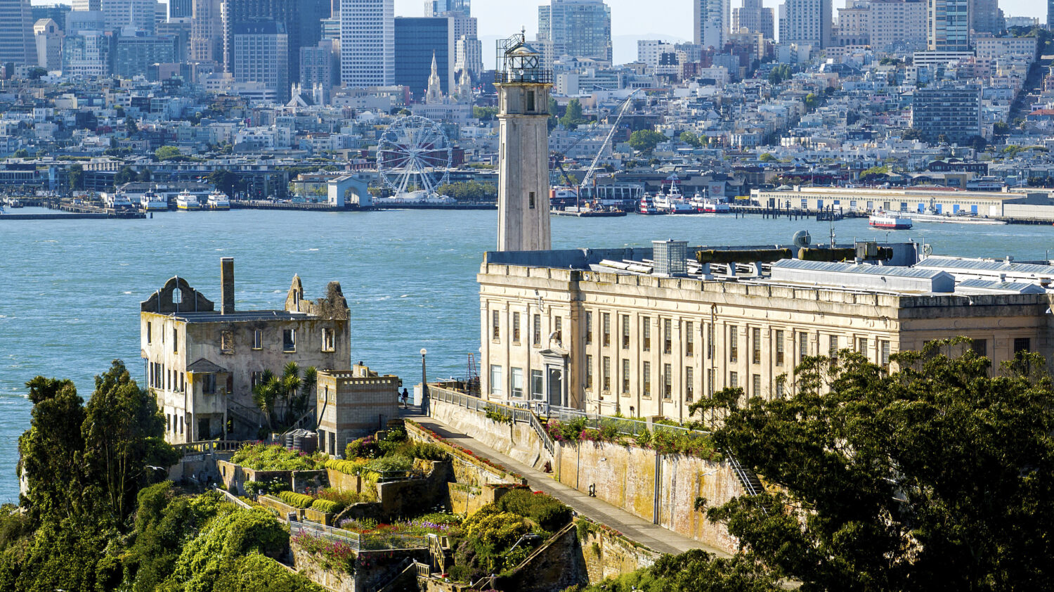 FILE - With San Francisco in the background, Alcatraz Island is pictured on Monday, May 5, 2025, in...