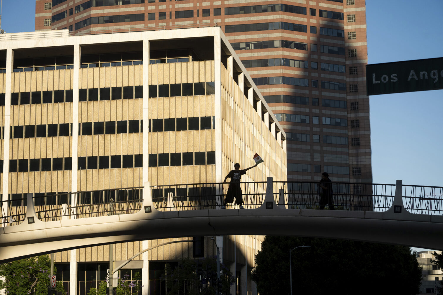 A protester against immigration raids waves a flag in front of the 300 North Los Angeles Street Fed...