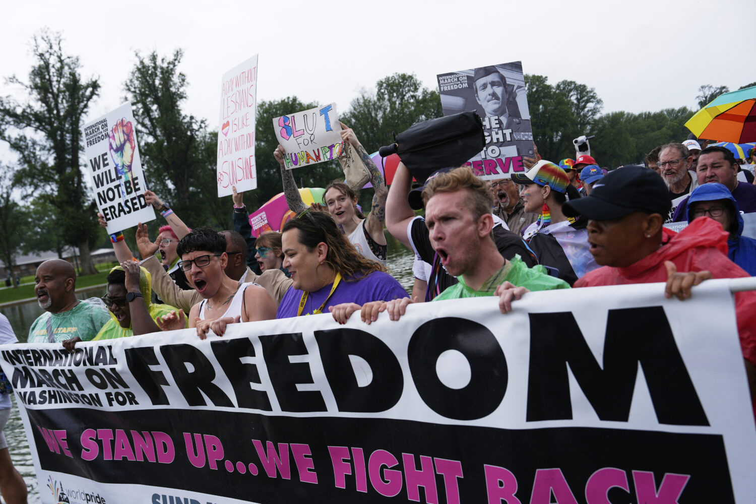 People attend the World Pride Rally and March at the Lincoln Memorial, Sunday, June 8, 2025, on the...
