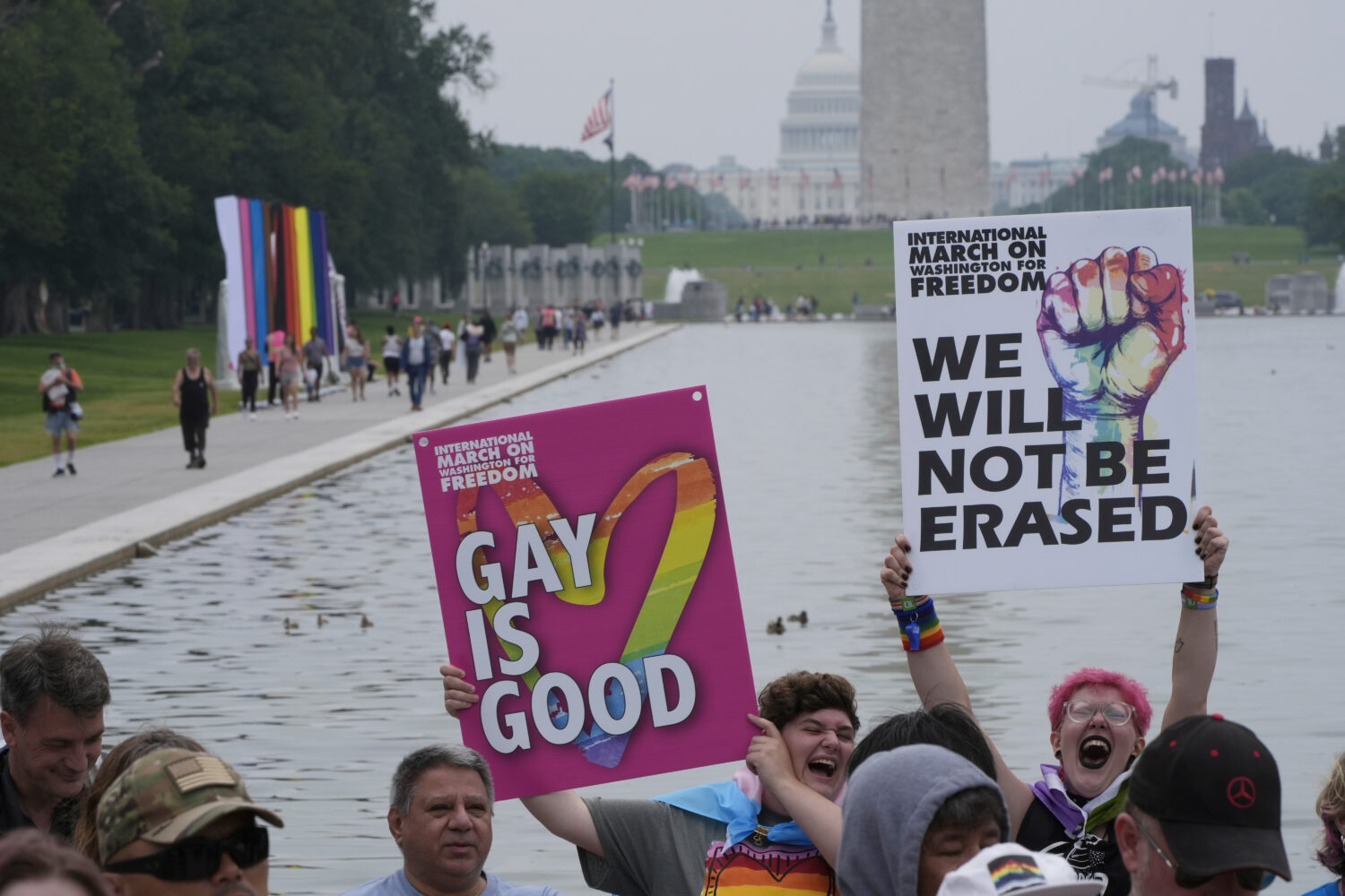 People attend the World Pride Rally and March at the Lincoln Memorial, Sunday, June 8, 2025, on the...