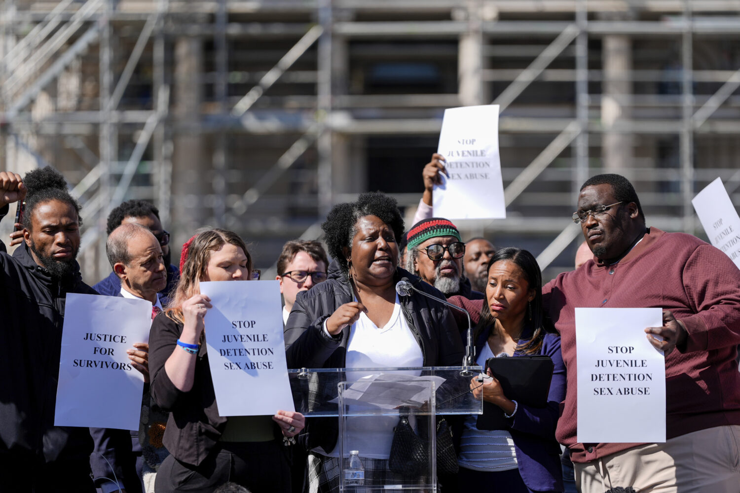 FILE - Nalisha Gibbs, center, speaks during a news conference with other survivors of sexual abuse ...