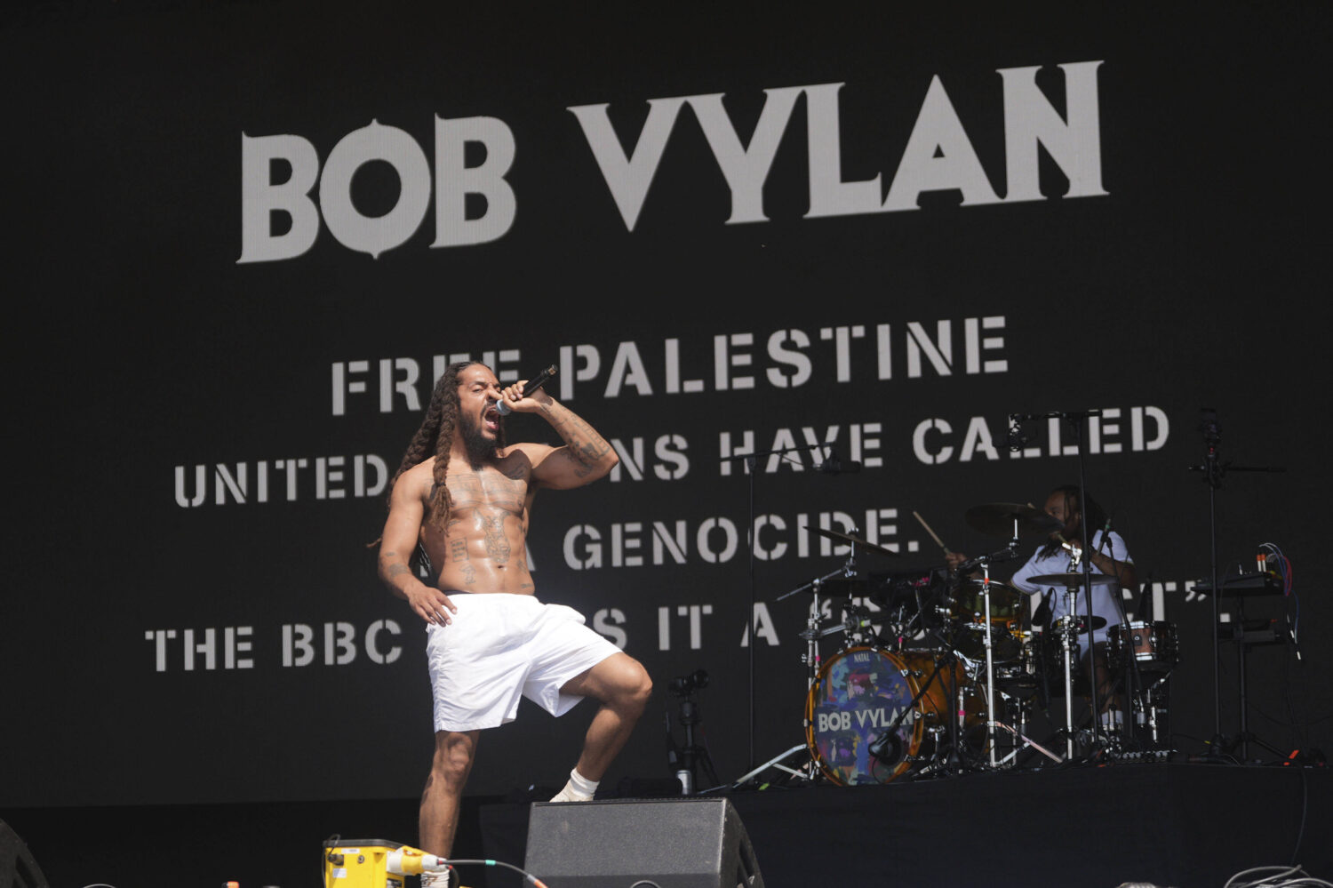 Bob Vylan perform on the West Holts Stage, during the Glastonbury Festival at Worthy Farm in Somers...