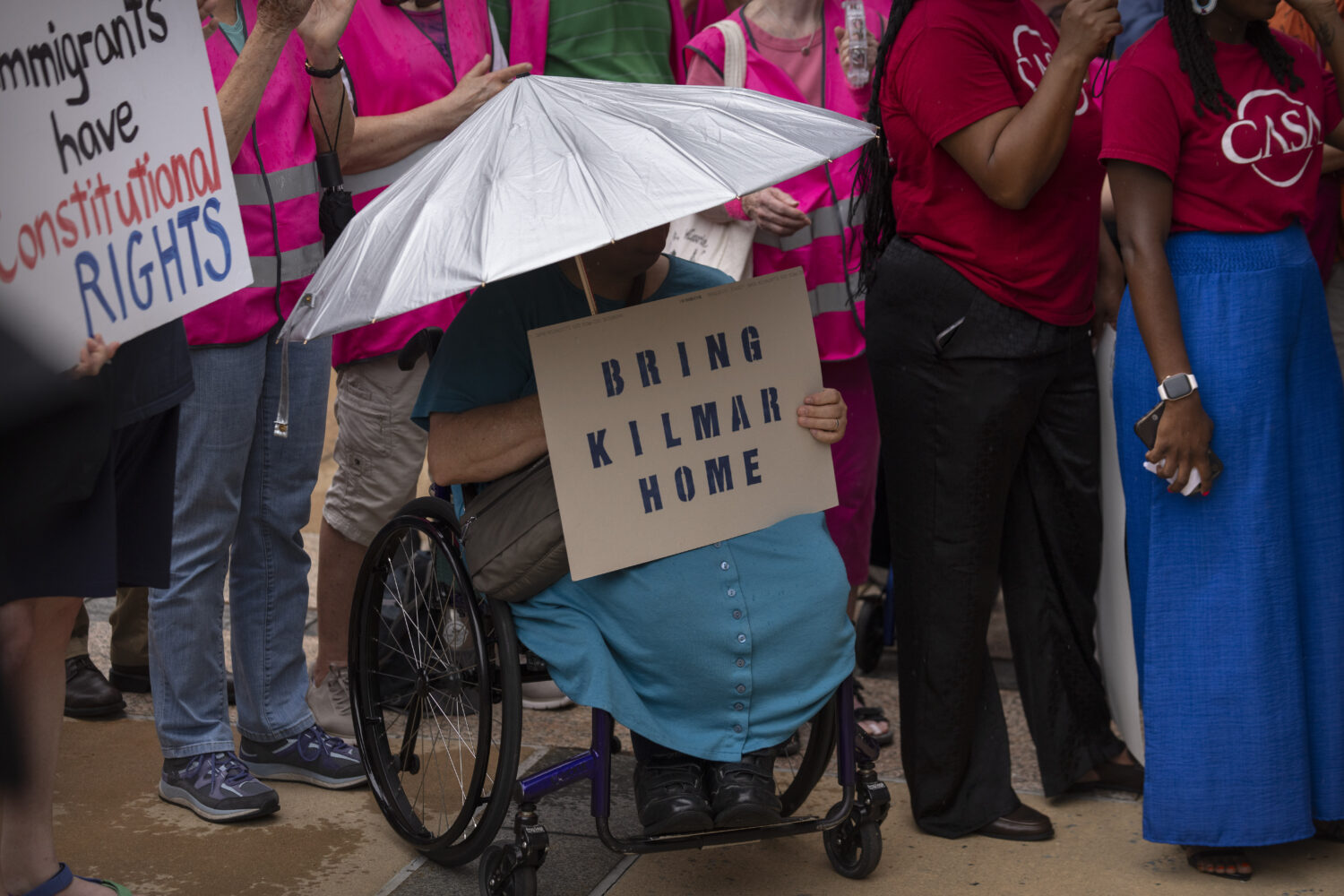 Supporters of Kilmar Abrego Garcia rally outside of the U.S. District Court in Greenbelt, Md., wher...