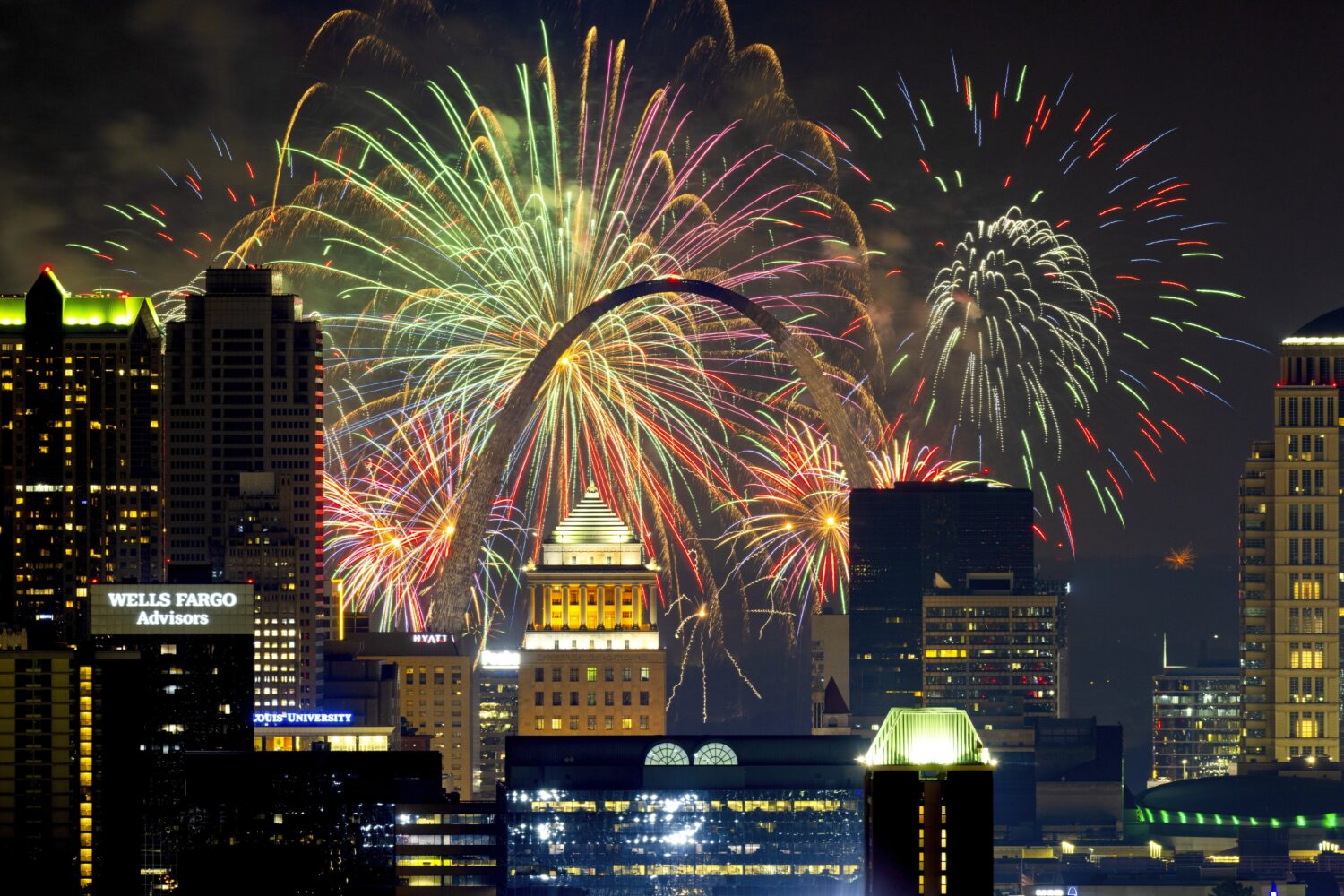Fireworks light up the St. Louis skyline and the Gateway Arch on Thursday, July 3, 2025, in St. Lou...