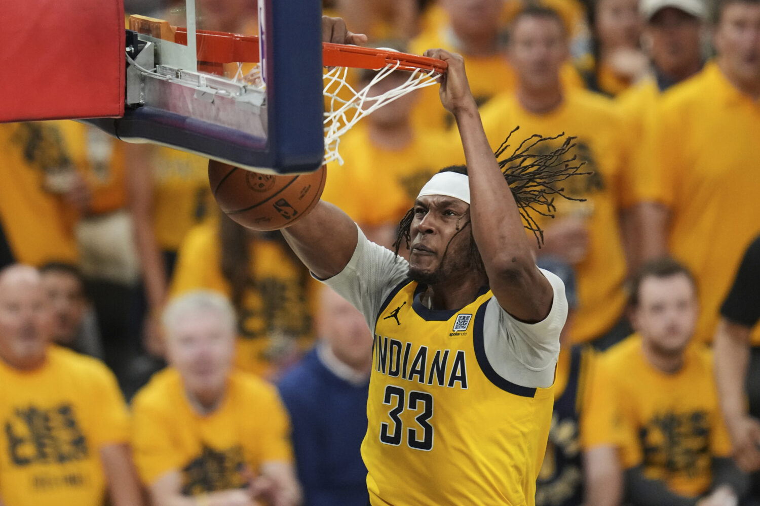 Indiana Pacers center Myles Turner dunks against the Oklahoma City Thunder during the second half o...
