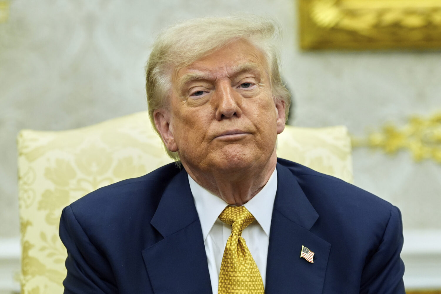 President Donald Trump listens during a meeting with Bahrain's Crown Prince Salman bin Hamad Al Kha...