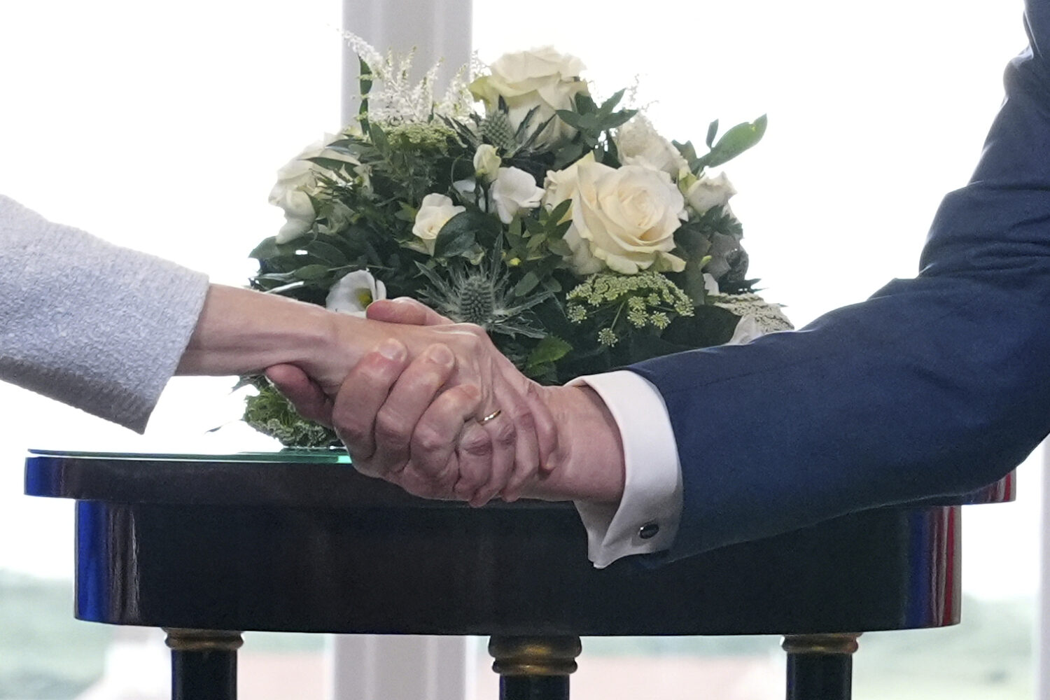 President Donald Trump and European Commission President Ursula von der Leyen shake hands after rea...