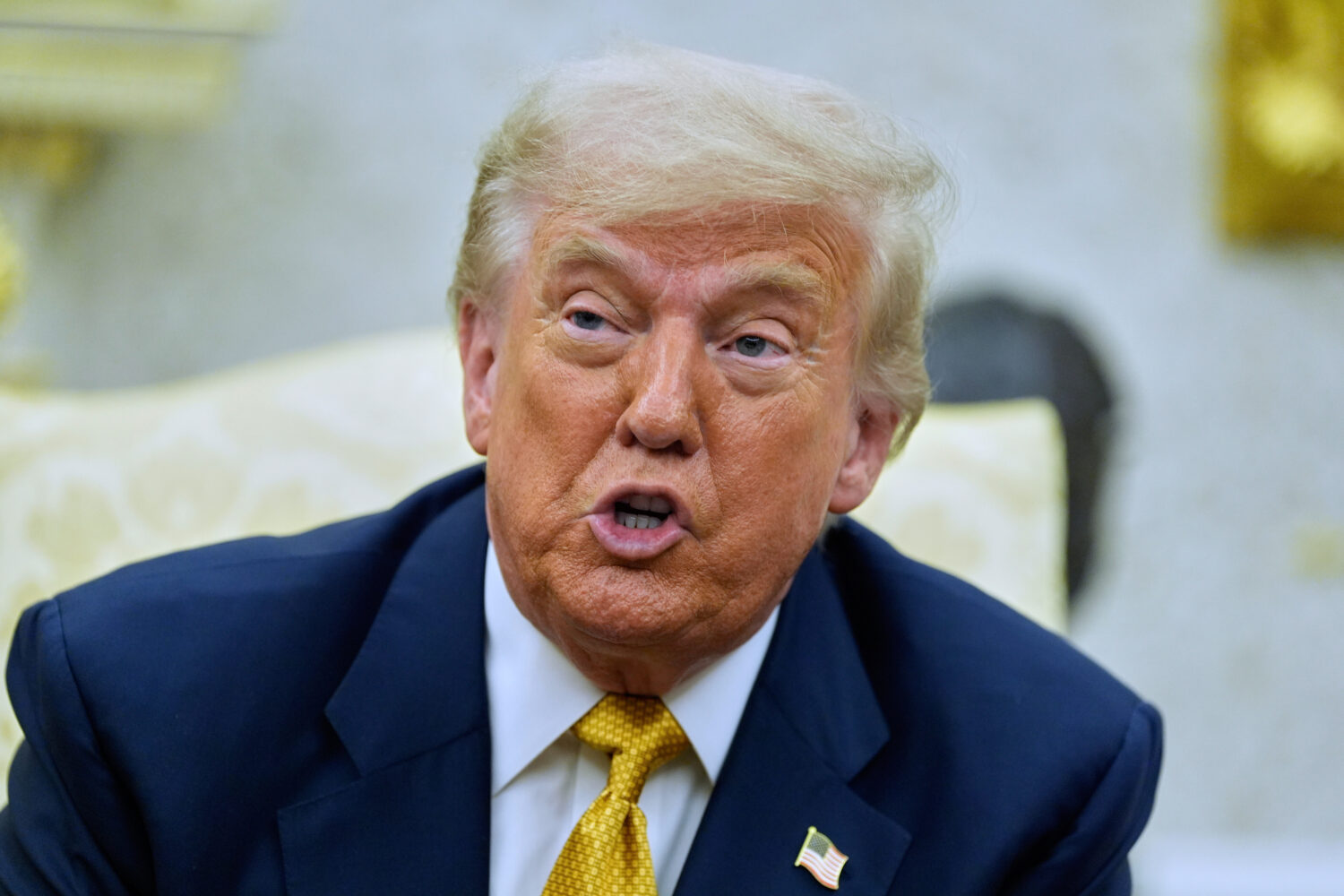 President Donald Trump speaks during a meeting with Bahrain's Crown Prince Salman bin Hamad Al Khal...