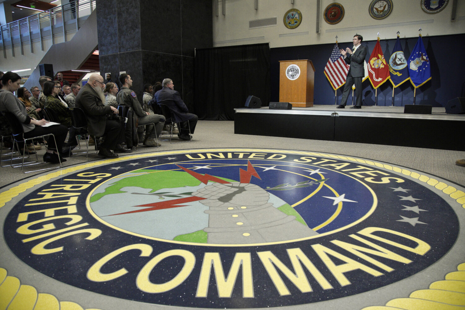FILE - U.S. Secretary of Defense Mark Esper holds a Q&A session during a visit to the U.S. Strategi...