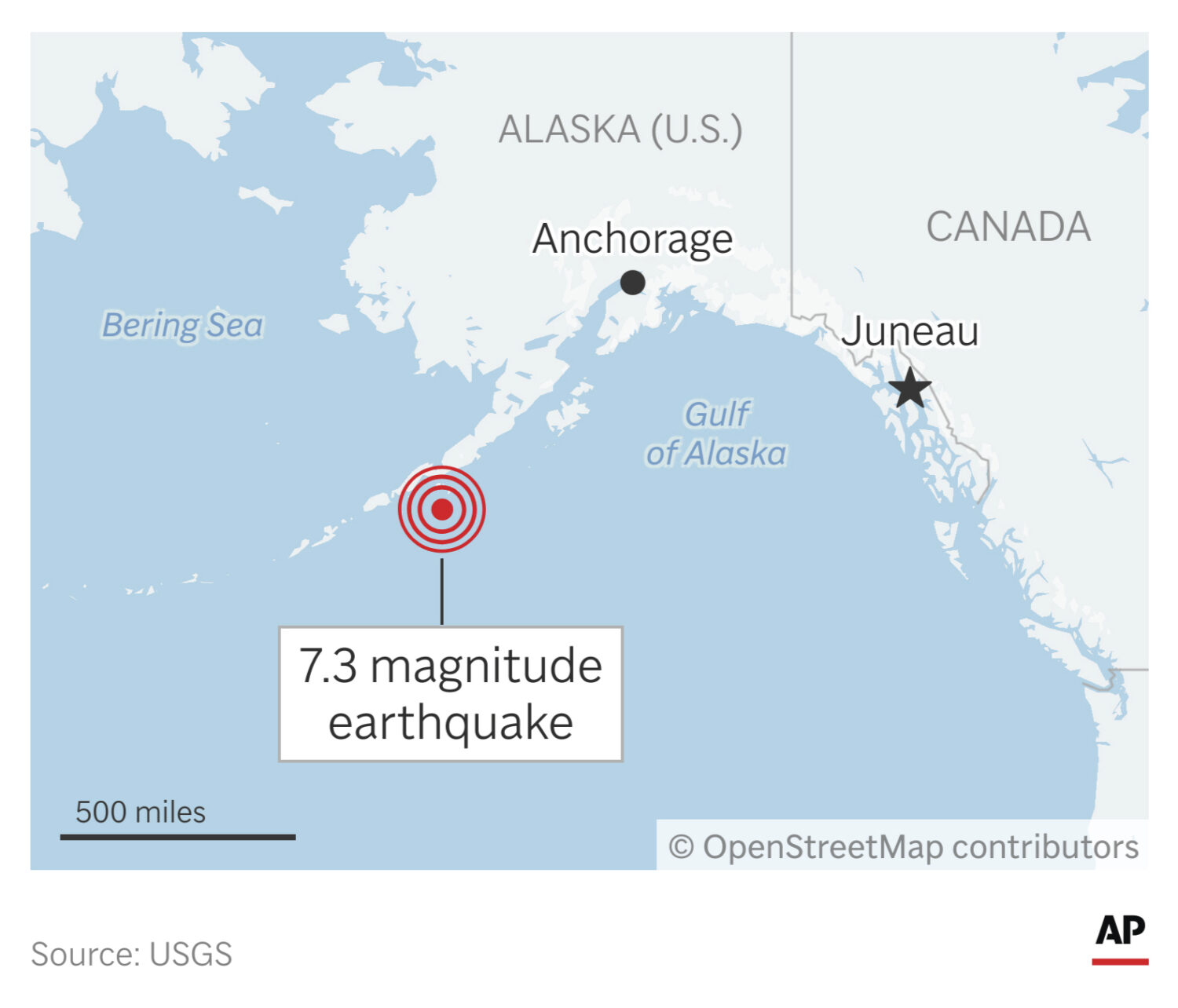 A strong earthquake Wednesday off the Alaska coast triggered a tsunami warning. (AP Graphic)Credit:...