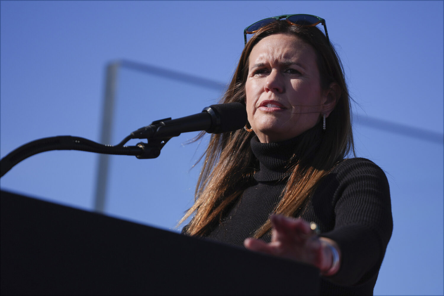FILE - Arkansas Gov. Sarah Huckabee Sanders speaks at a campaign rally for presidential candidate, ...