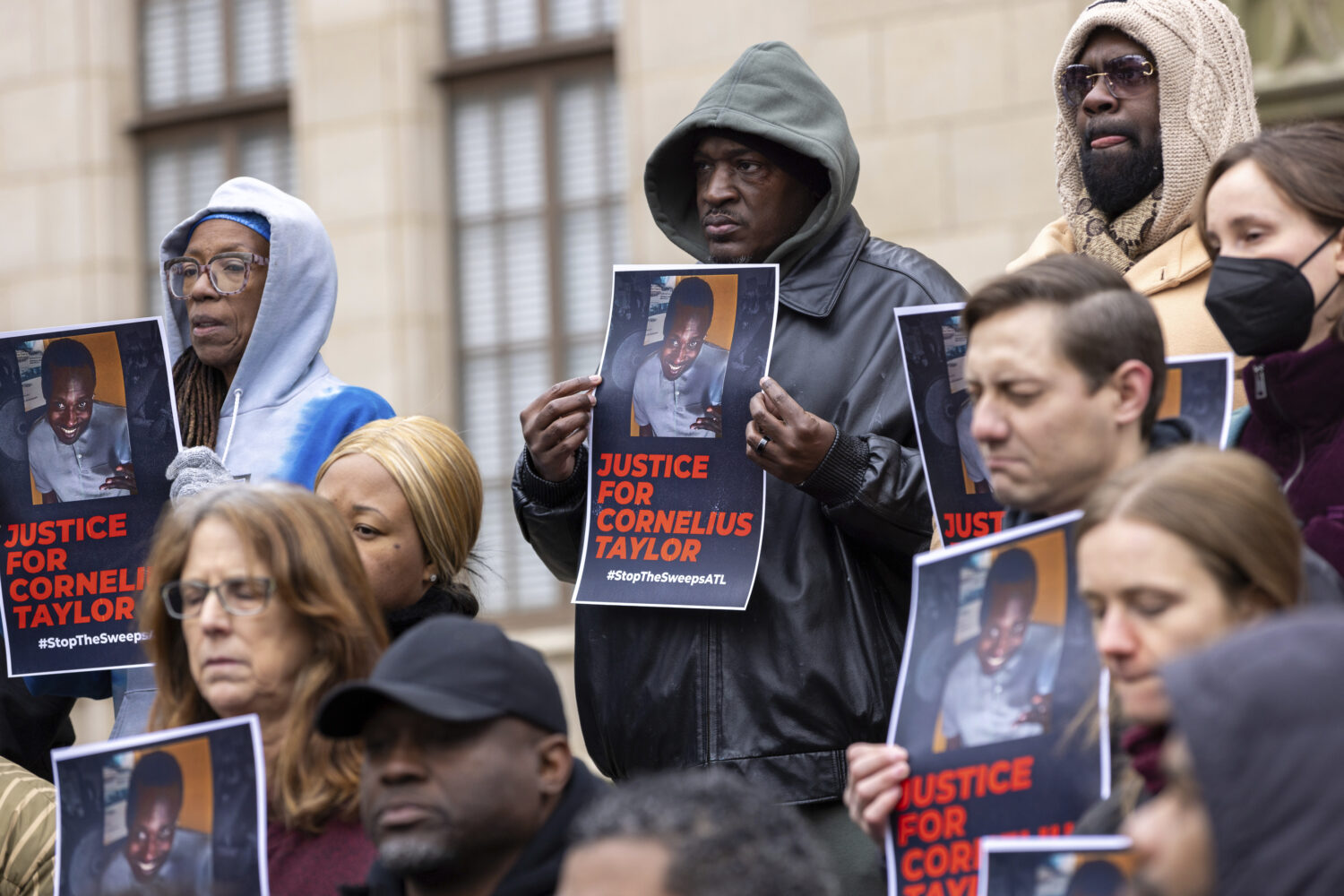 FILE - Family members and activists protest the death of Cornelius Taylor, an unhoused man killed w...
