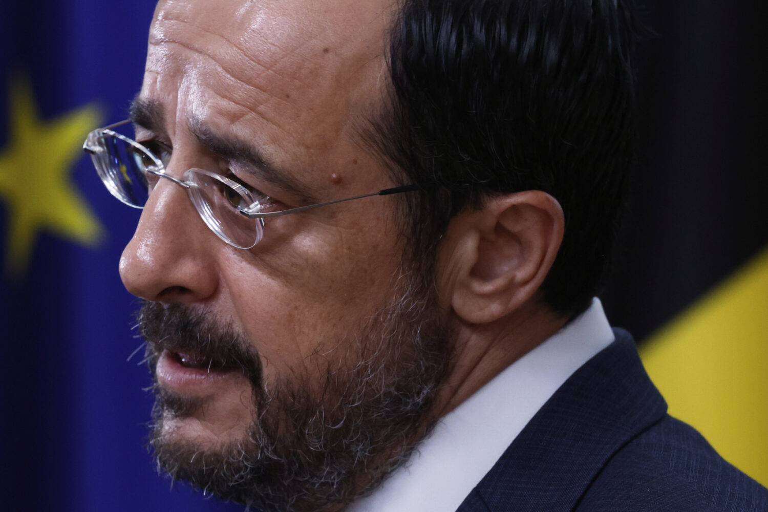 Cypriot President Nikos Christodoulides speaks with the media as he arrives for an EU summit at the...