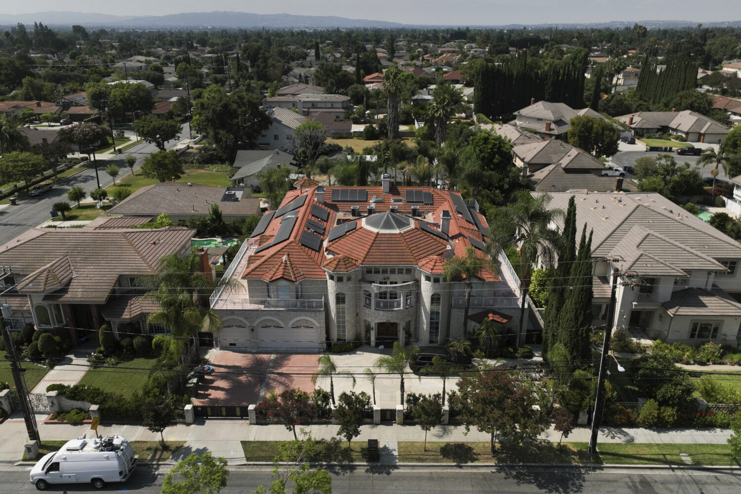 An aerial view shows the home of Silvia Zhang and Guojun Xuan on Wednesday, July 16, 2025, in Arcad...