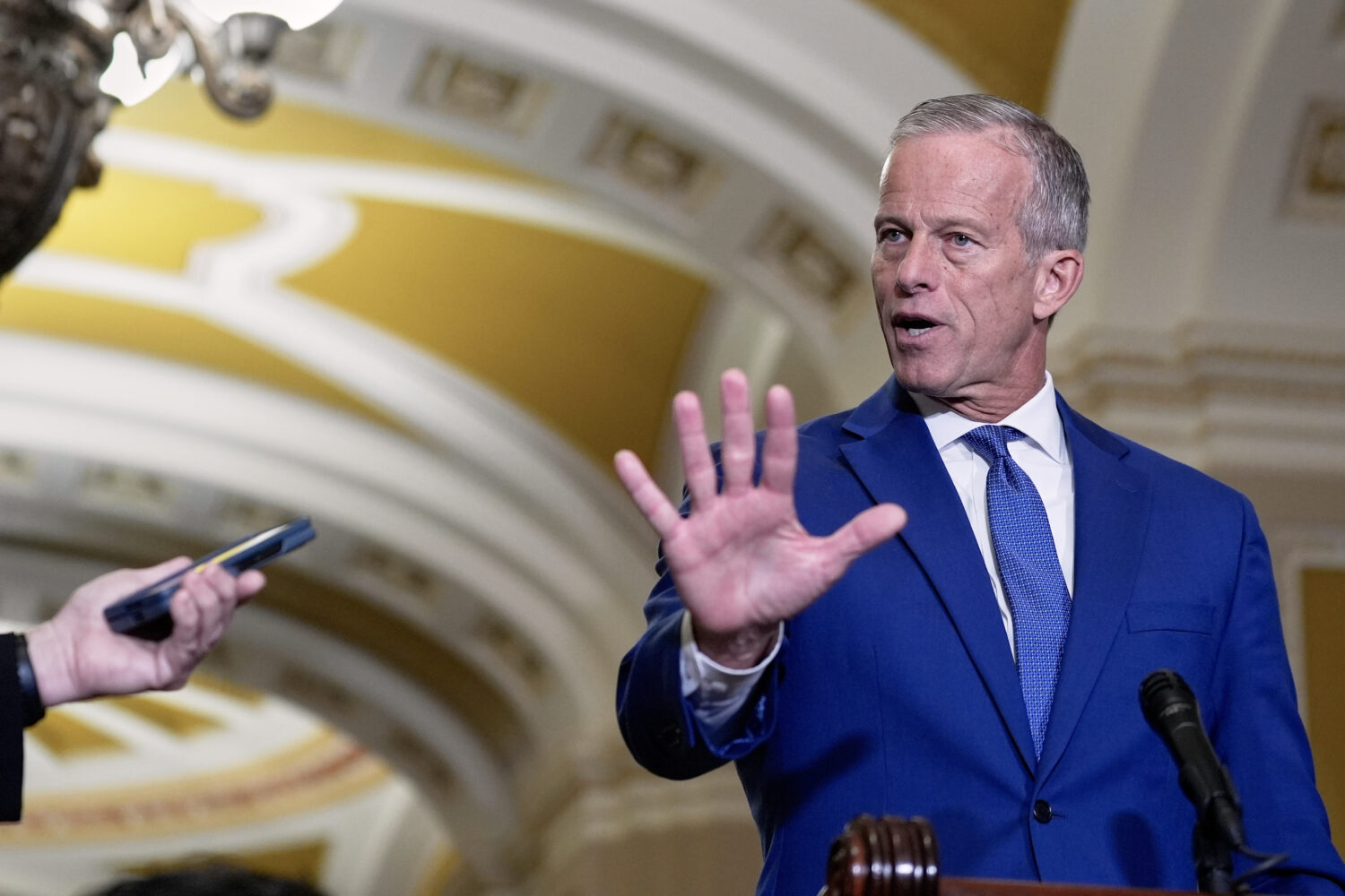 FILE - Sen. Majority Leader John Thune, R-S.D., talks after a policy luncheon on Wednesday, July 9,...
