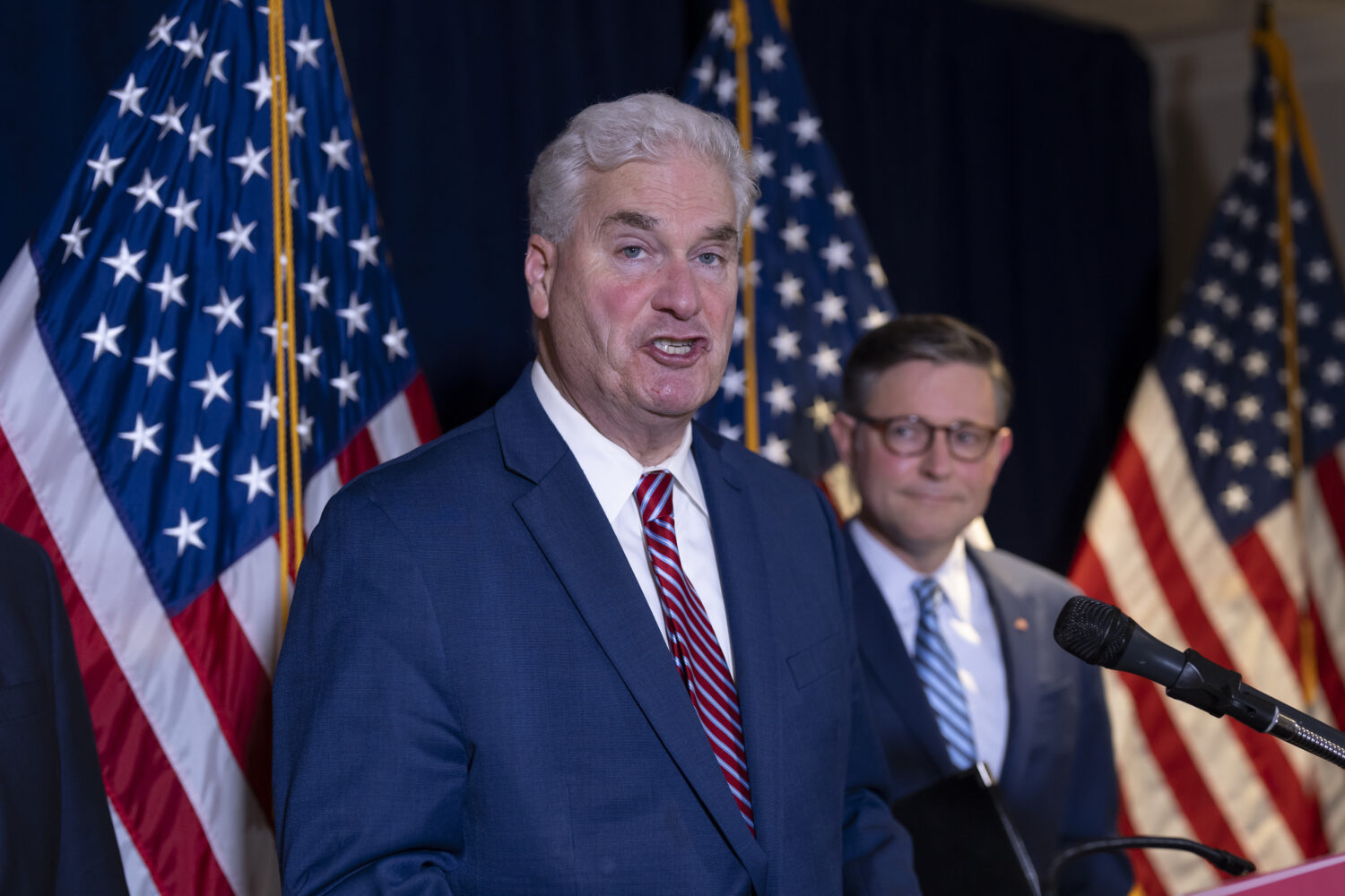 House Majority Whip Tom Emmer, R-Minn., left, a longtime supporter of cryptocurrency, joined at rig...