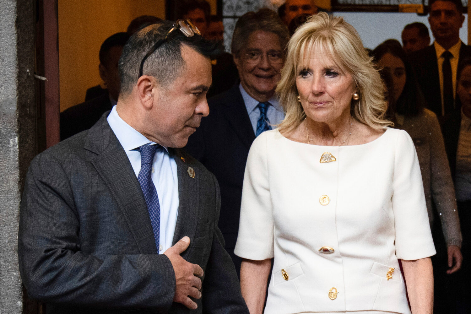 FILE - First lady Jill Biden talks with senior adviser Anthony Bernal before her speech at the Caro...