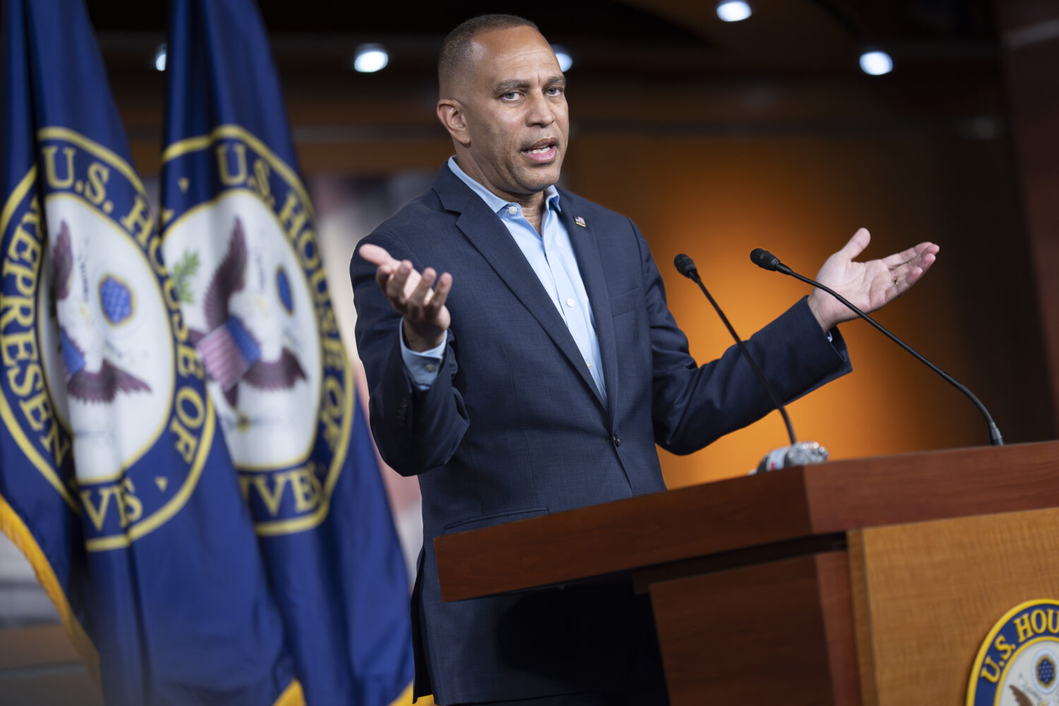 House Minority Leader Hakeem Jeffries, D-N.Y., speaks about President Donald Trump's policies and t...