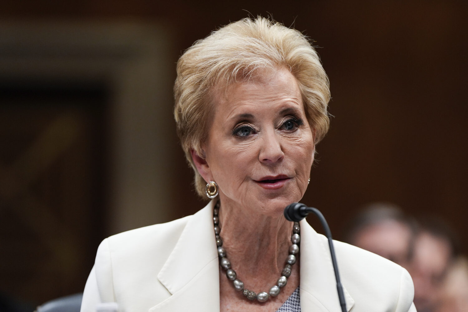 FILE - Education Secretary Linda McMahon speaks during a Senate Appropriations hearing, Tuesday, Ju...