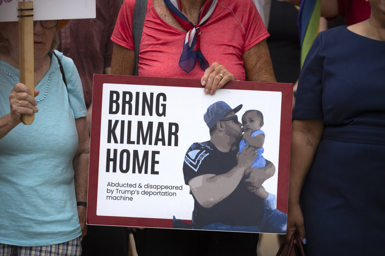Supporters of Kilmar Abrego Garcia rally outside of the U.S. District Court in Greenbelt, Md., wher...