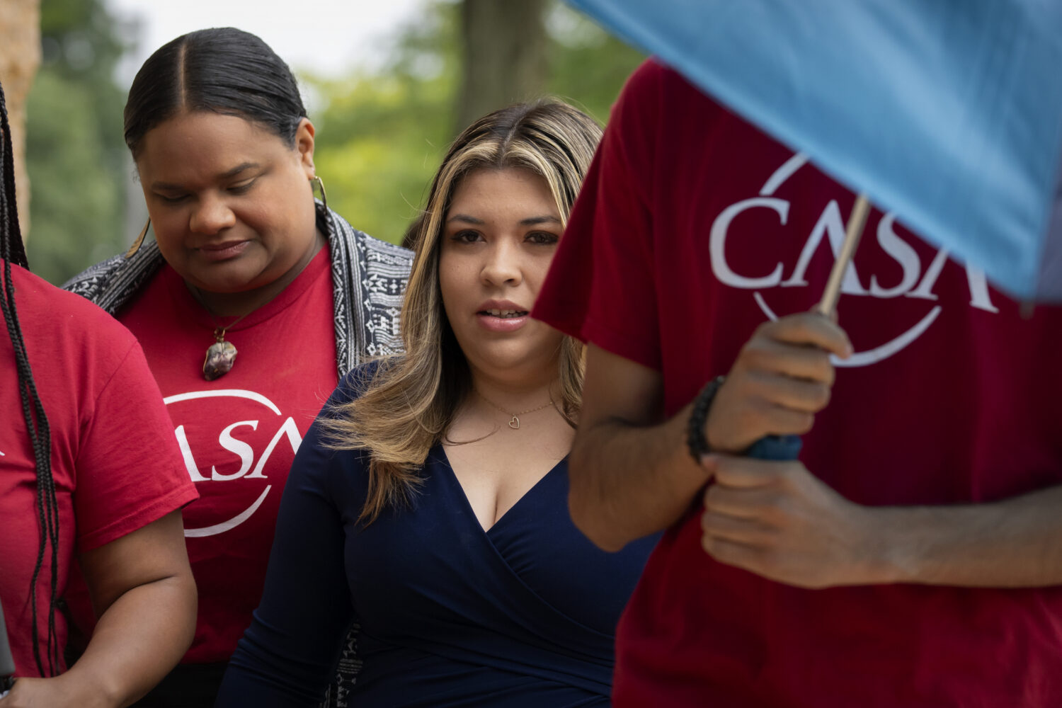Jennifer Vasquez Sura, center, the wife of Kilmar Abrego Garcia, arrives at the U.S. District Court...