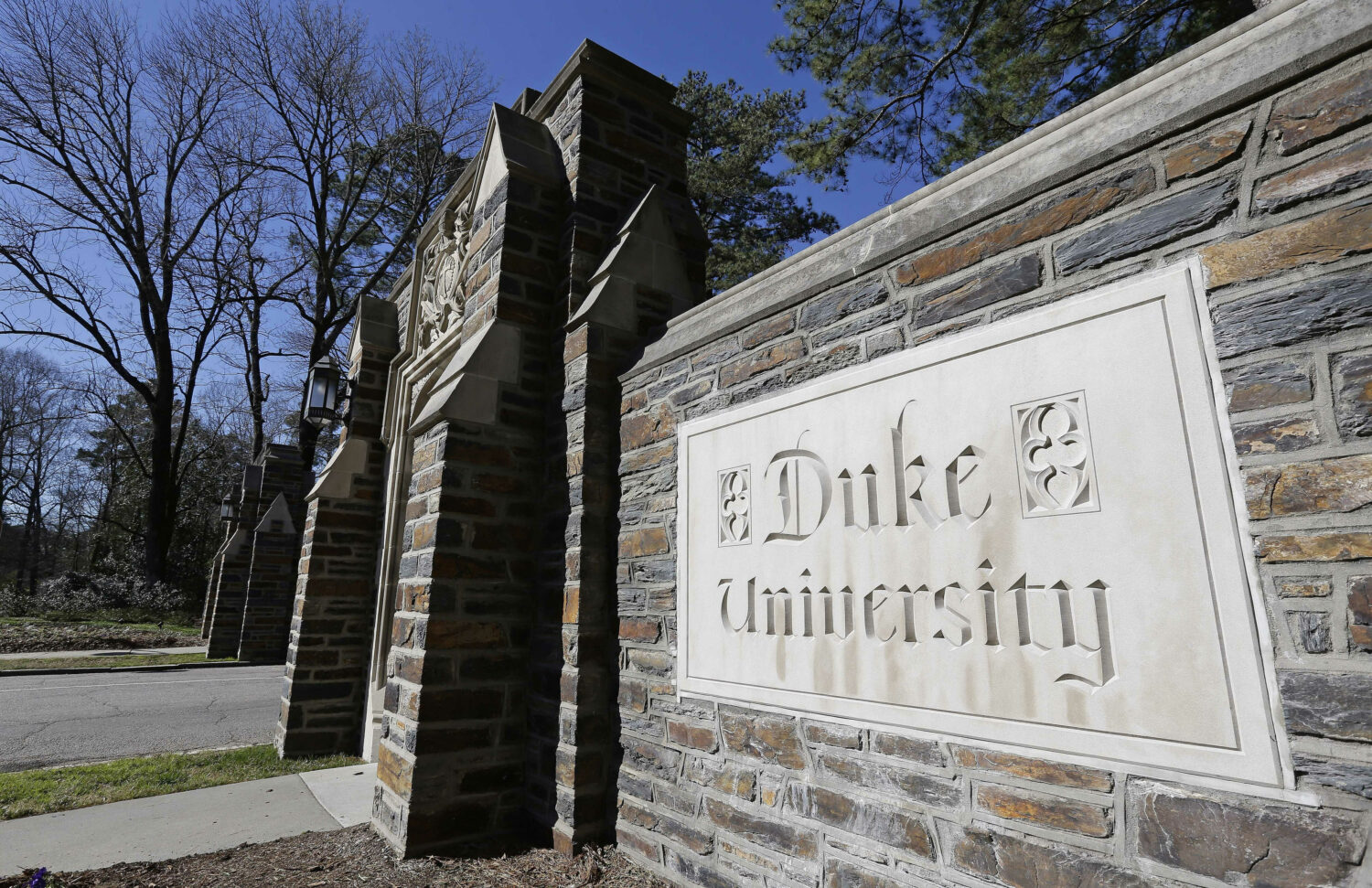 FILE - This Jan. 28, 2019 file photo shows the entrance to the main Duke University campus in Durha...